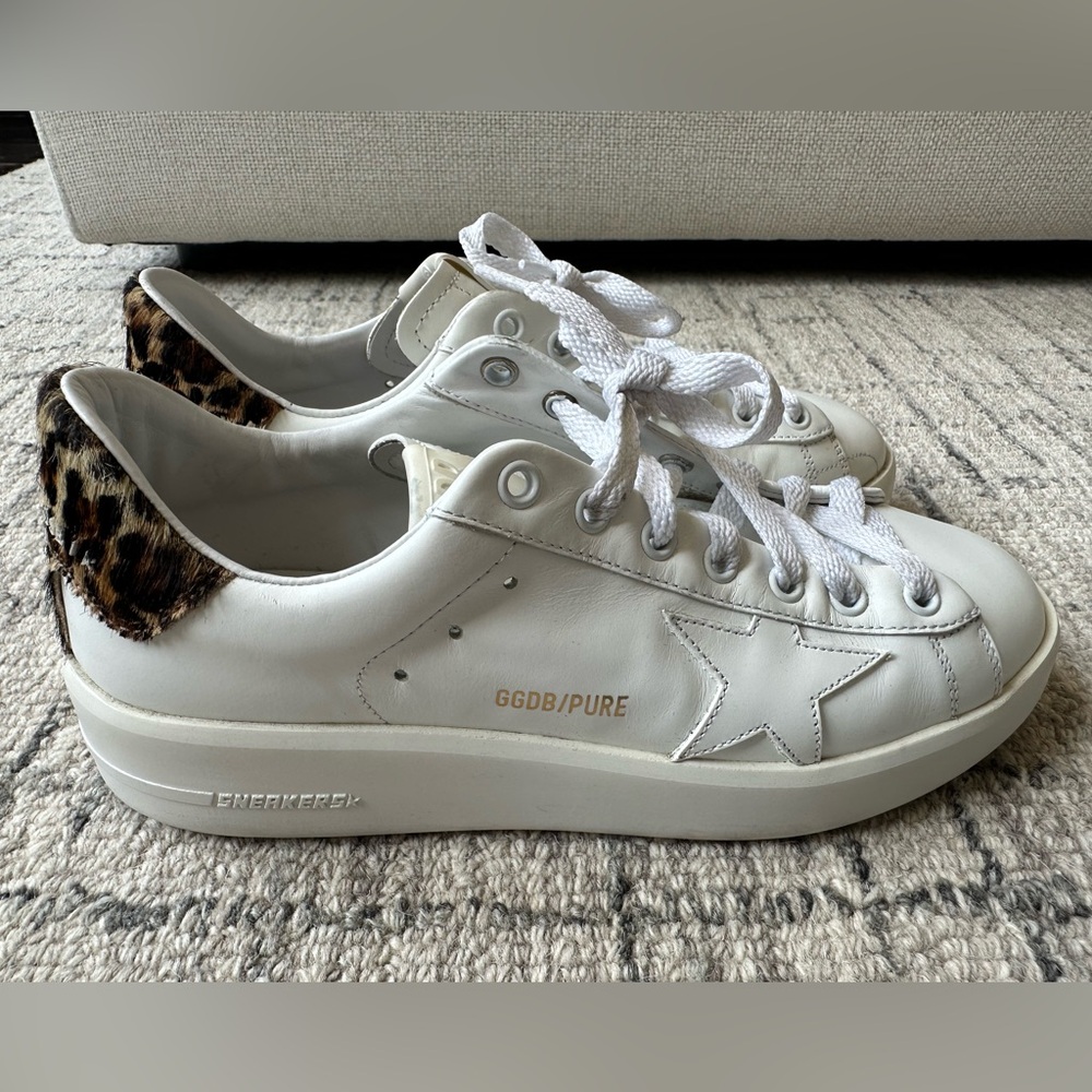 Golden Goose Pure Star Women's White Sneakers with Leopard Heel Tab Size 37
